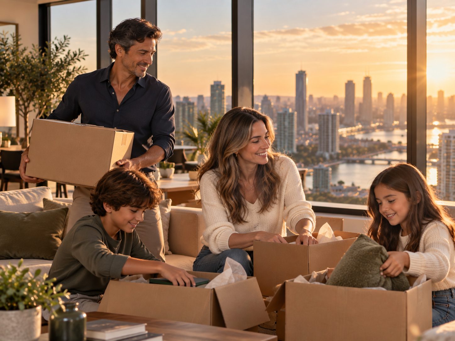 A family unpacking boxes in their new home overlooking the city