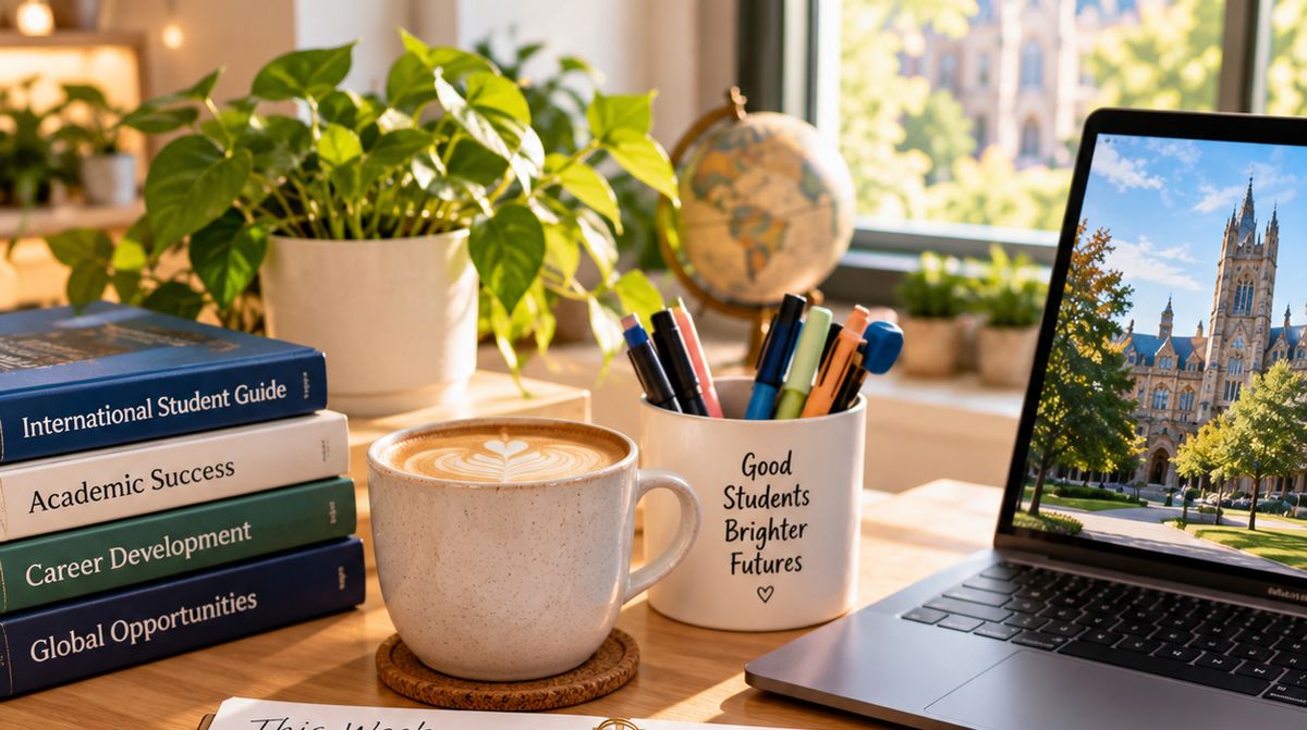 A student's desk with a weekly planner, coffee and laptop